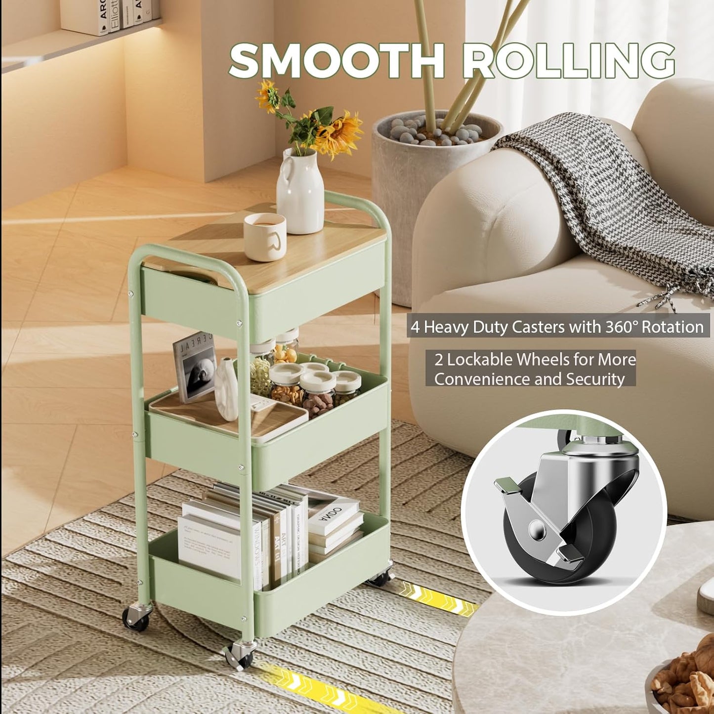 3-Tier Rolling Cart with Tabletop, Metal Utility Storage Organizer on Wheels with Hooks for Kitchen, Office, and Bathroom