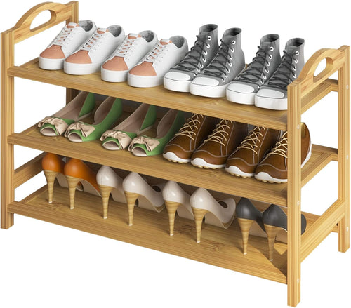 3-Tier Bamboo Shoe Rack, Entryway Shoe Storage Organizer and Shelf