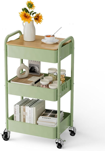 3-Tier Rolling Cart with Tabletop, Metal Utility Storage Organizer on Wheels with Hooks for Kitchen, Office, and Bathroom