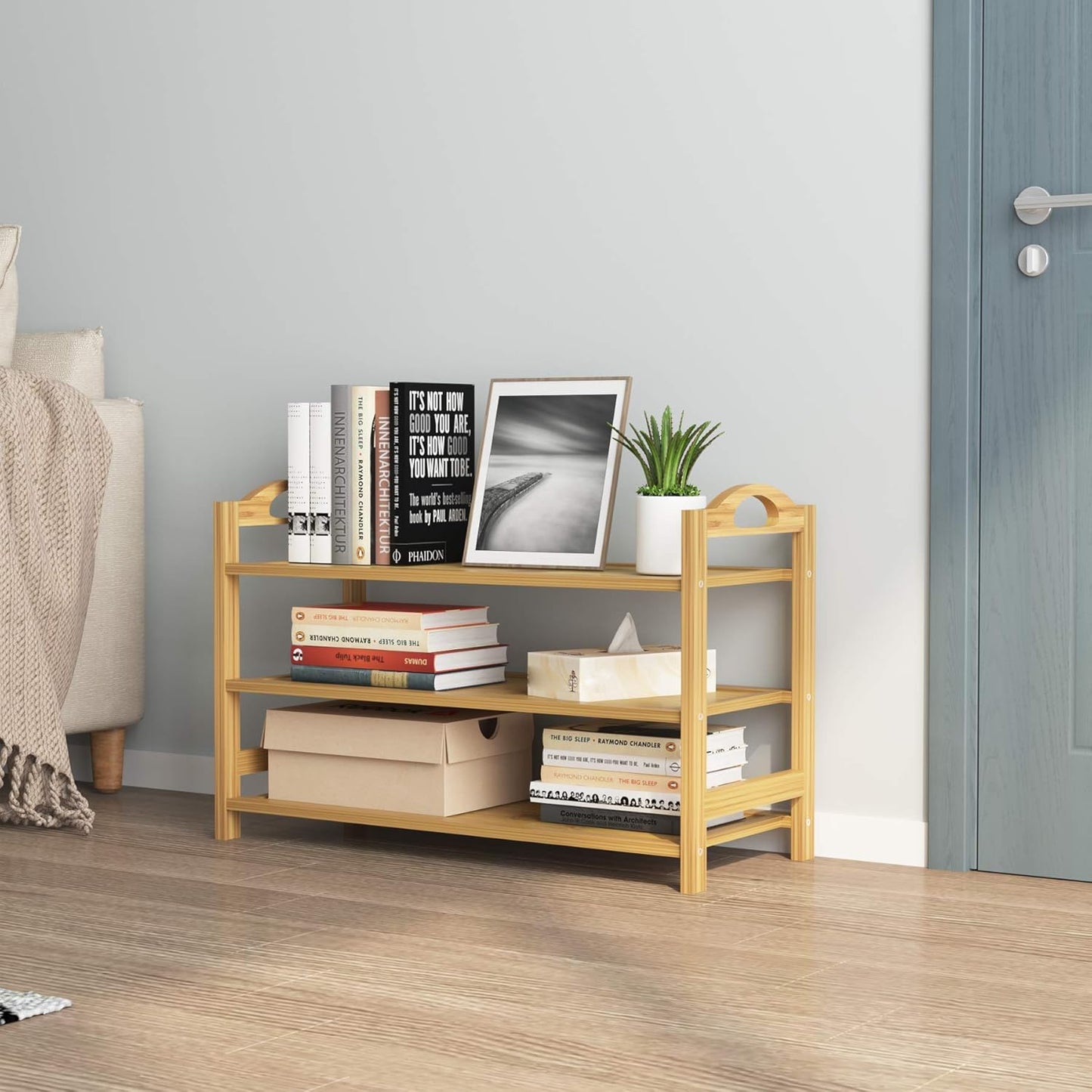 3-Tier Bamboo Shoe Rack, Entryway Shoe Storage Organizer and Shelf