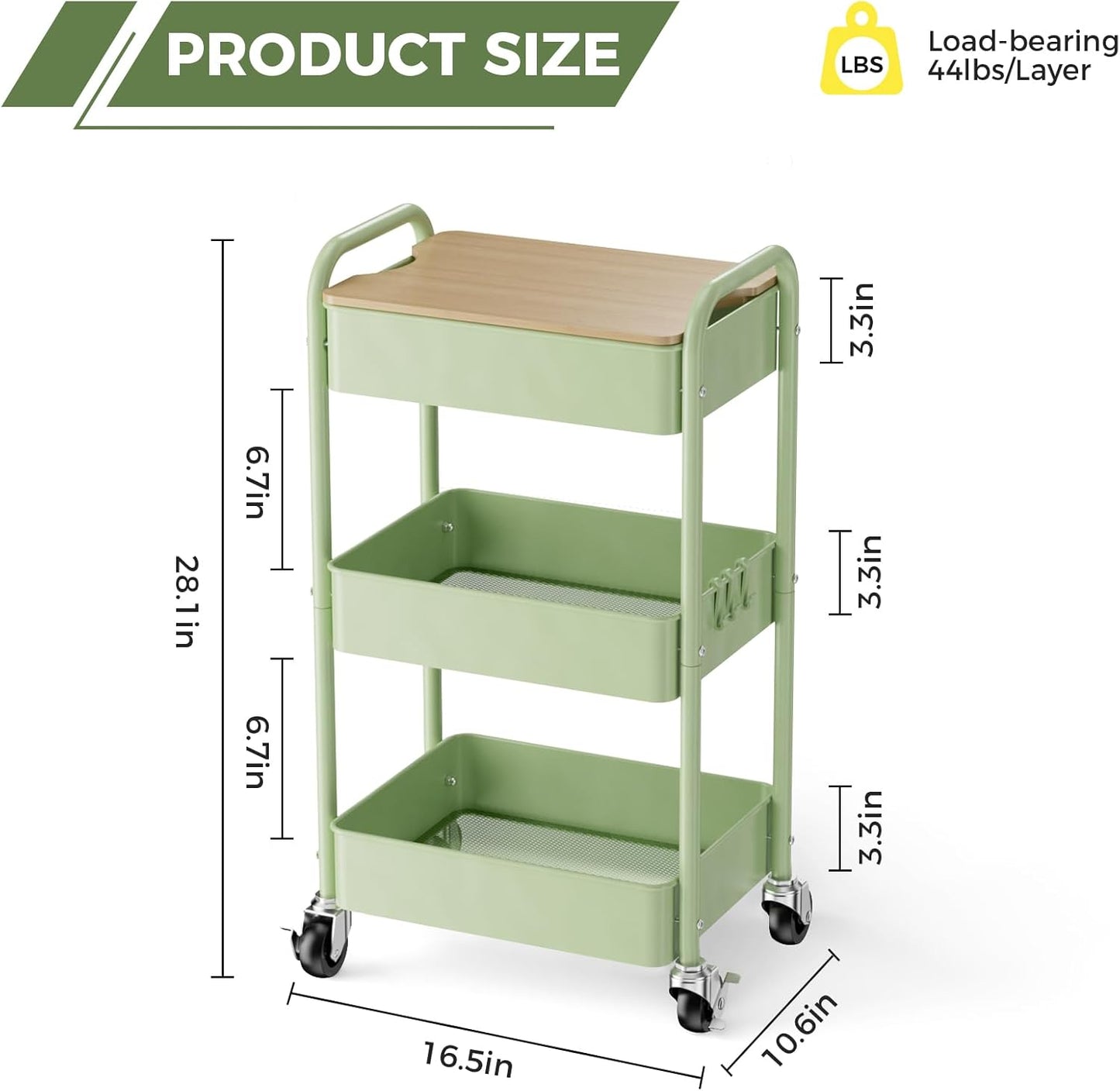 3-Tier Rolling Cart with Tabletop, Metal Utility Storage Organizer on Wheels with Hooks for Kitchen, Office, and Bathroom