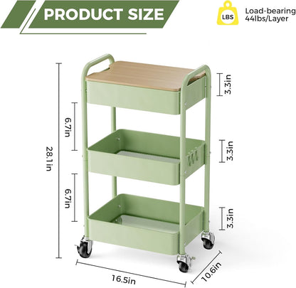 3-Tier Rolling Cart with Tabletop, Metal Utility Storage Organizer on Wheels with Hooks for Kitchen, Office, and Bathroom