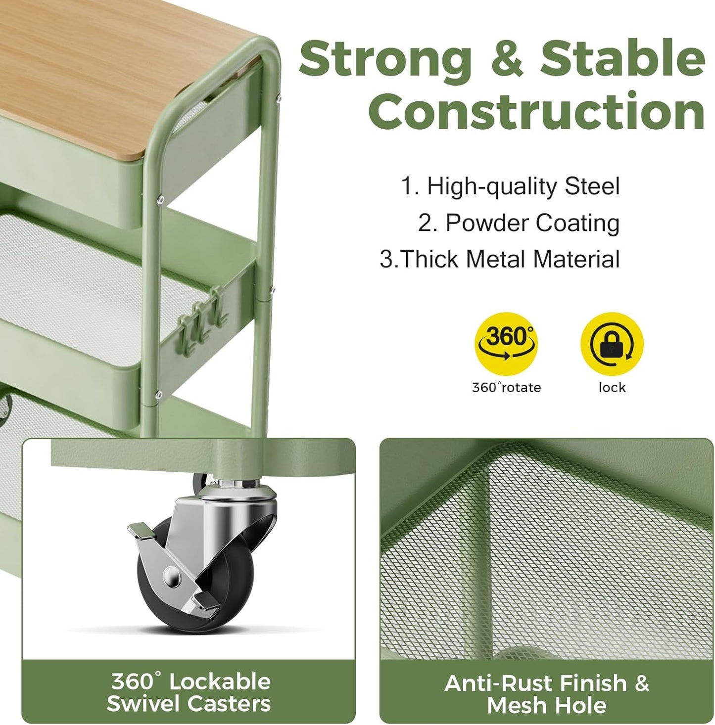 3-Tier Rolling Cart with Tabletop, Metal Utility Storage Organizer on Wheels with Hooks for Kitchen, Office, and Bathroom