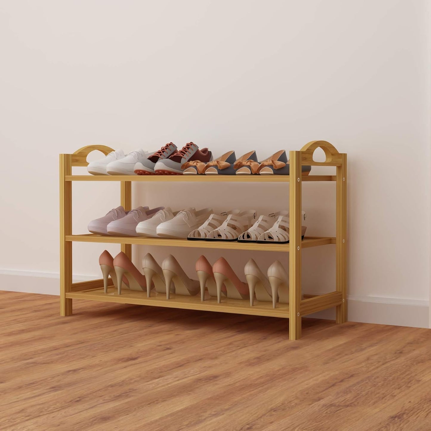 3-Tier Bamboo Shoe Rack, Entryway Shoe Storage Organizer and Shelf