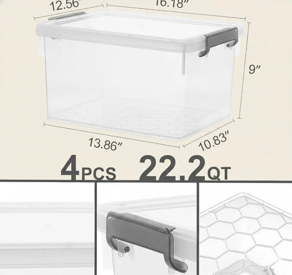 4-Pack Clear Storage Boxes, 22.2 Qt Large with Lids, Stackable Home Organizers